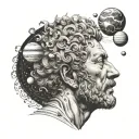 Marcus Aurelius half face with planets orbiting tattoo design idea