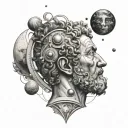 Marcus Aurelius half face with planets orbiting tattoo design idea