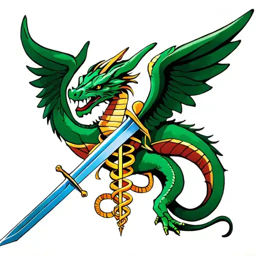dragon caduceus with Egyptian wings and sword tattoo design idea