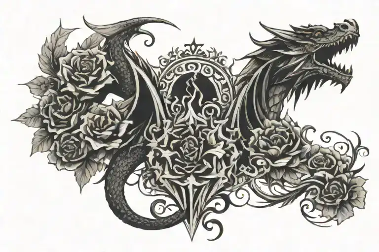 dragon, floral, symetrical, geometric, flames, on sternum, gothic, dark, edgy, elegant tattoo design idea