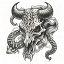 Lightning clouds in the background. A cow skull with a rattle snake wrapped around it. The snakes head above the skull h tattoo design idea