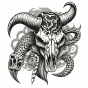 Lightning clouds in the background. A cow skull with a rattle snake wrapped around it. The snakes head above the skull h tattoo design idea