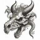 Lightning clouds in the background. A cow skull with a rattle snake wrapped around it. The snakes head above the skull h tattoo design idea