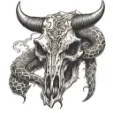 Lightning clouds in the background. A cow skull with a rattle snake wrapped around it. The snakes head above the skull h tattoo design idea