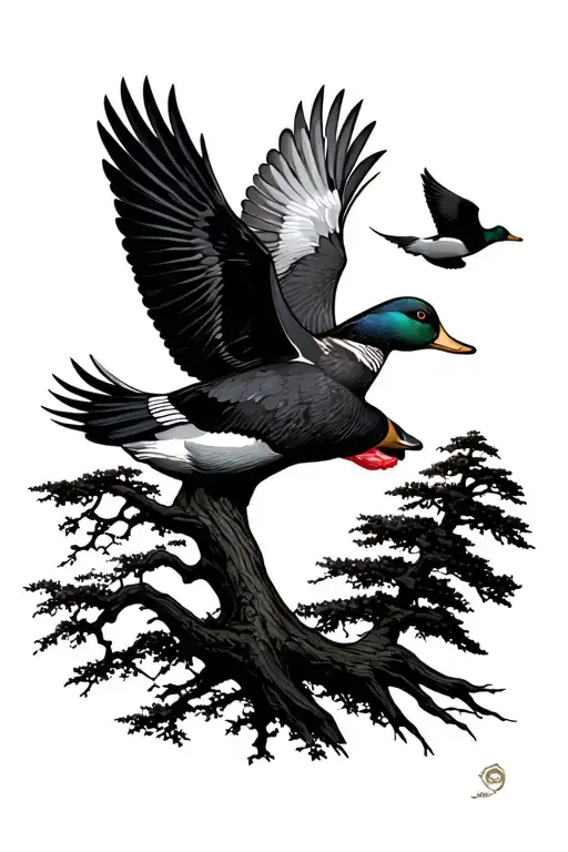 gun tree sun ducks flying tattoo design idea