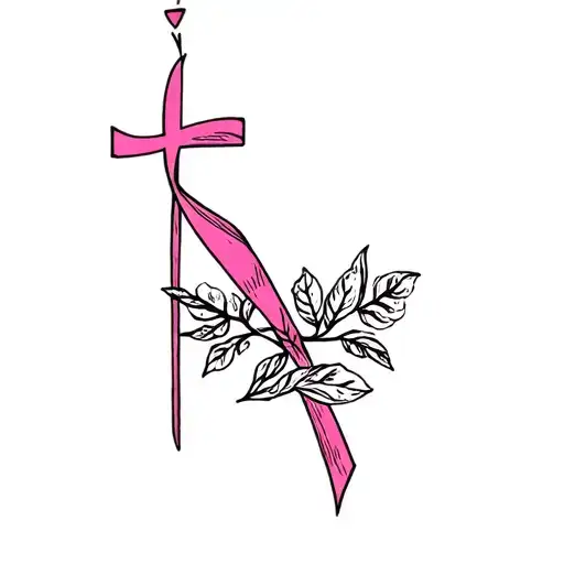 breast cancer ribbon with cross at end tattoo design idea