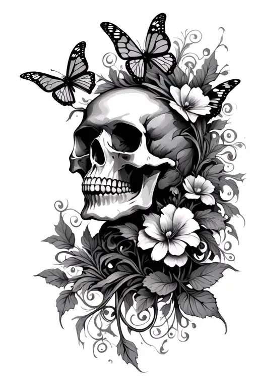 skull with butterflies and vines tattoo design idea