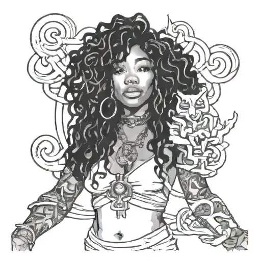 SZA surrounded by musical tattoo design idea