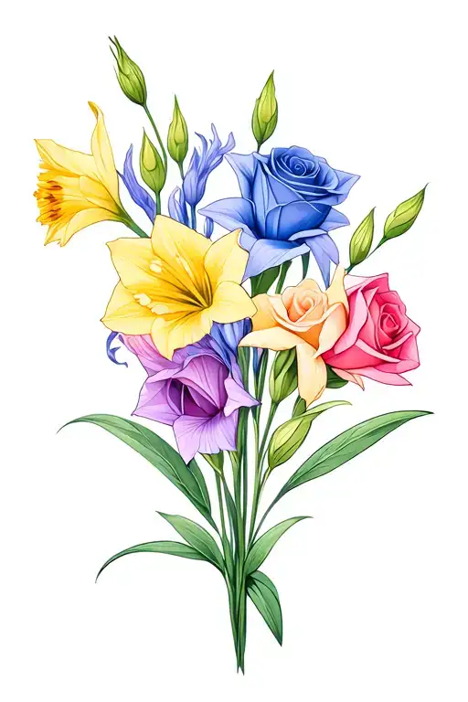 dainty bouquet of a single gladiolus, a single rose, a single daffodil, and sweet pea colors like purples pinks blues tattoo design idea