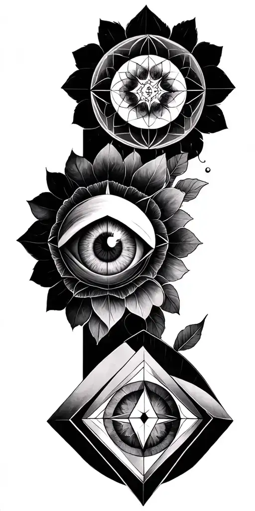 incorporate the geometrical shapes into one tattoo: Flower of life, Vesica piscis, cosahedron, Eye of providence tattoo design idea