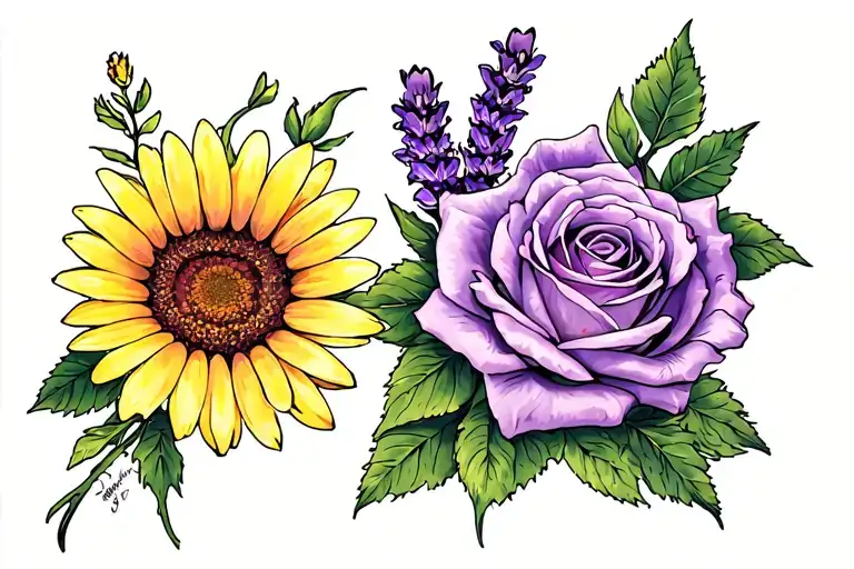 yellow gerber daisy and lavender roses tattoo design idea