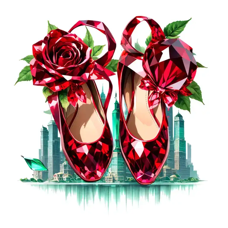 two ruby ballet slippers with emerald city in the background tattoo design idea