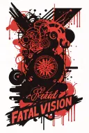 Trash polka style tattoo, with the words "Fatal Vision" in a metal/tribal style font. include blood and other detail tattoo design idea