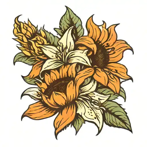 sunflowers and orange lilies  tattoo design idea