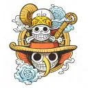one piece thousand sunny face with luffy's straw hat dangling from a ray tattoo design idea