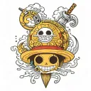 one piece thousand sunny face with luffy's straw hat dangling from a ray tattoo design idea