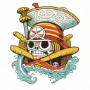 one piece thousand sunny face with luffy's straw hat dangling from a ray tattoo design idea