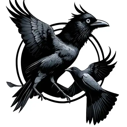 Crow And Dove flying in a circle with eye inside tattoo design idea