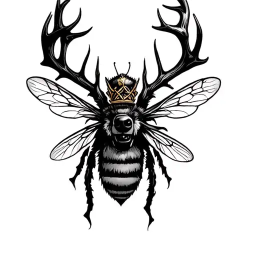 wolf stag bee and jesters cap in a cross tattoo design idea