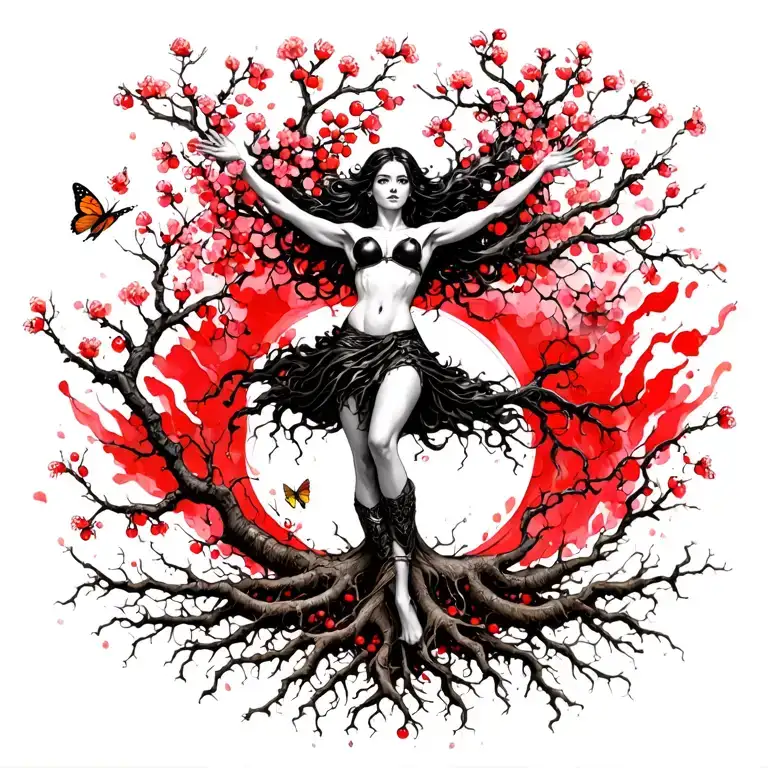 woman warrior with legs turning to roots reaching deep arms up turning to branches with small cherry flowers and butterf tattoo design idea