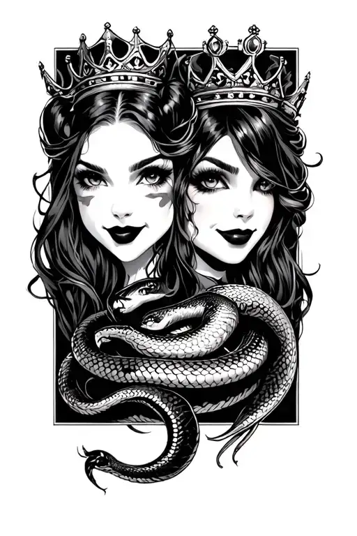 scorpian, black widow, snake, feminine smile now cry later faces, crown tattoo design idea