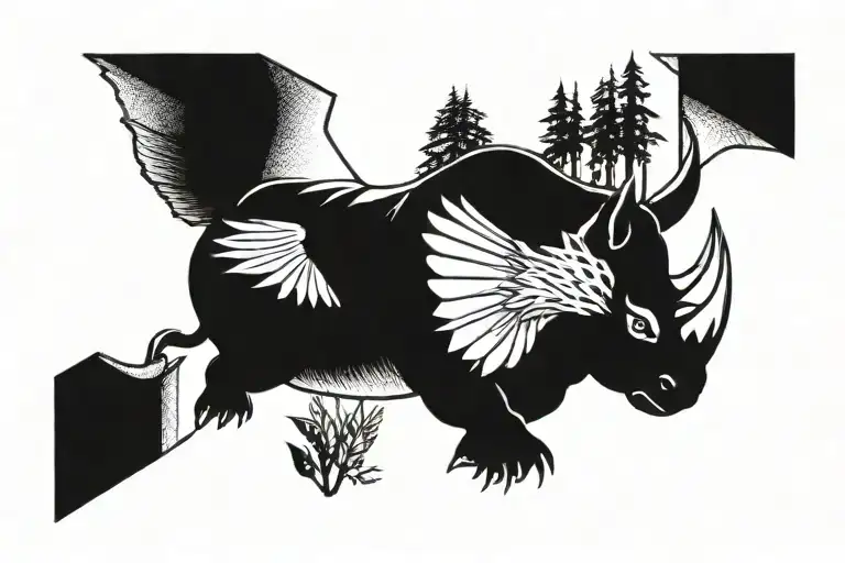 rhino and owl flying tattoo design idea