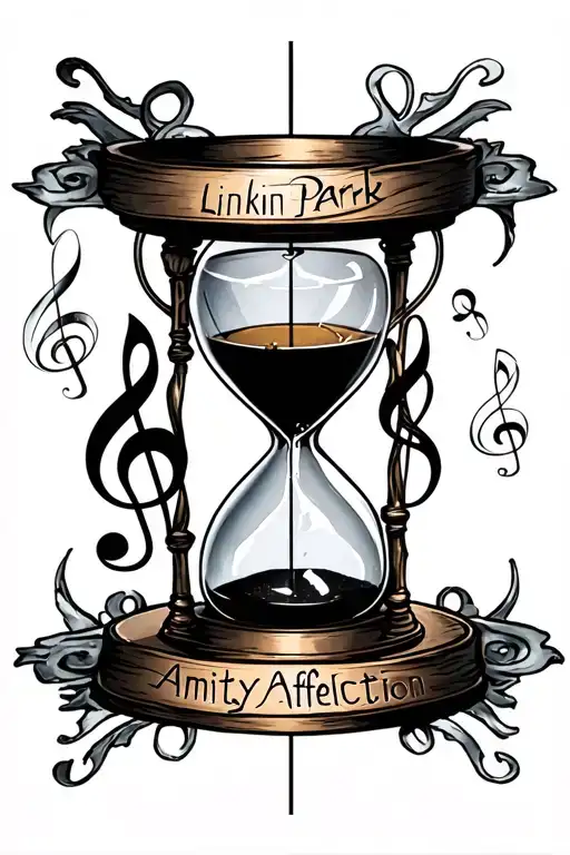 Make a dark mood tattoo of an hourglass with treble clefs and around it being the names “Linkin Park” “Amity Affliction” tattoo design idea