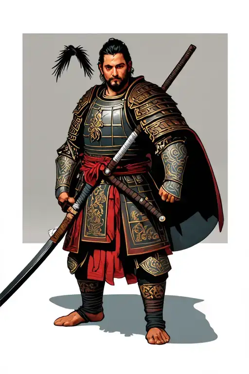a Roman wearing a samurai armor holding a katana tattoo design idea
