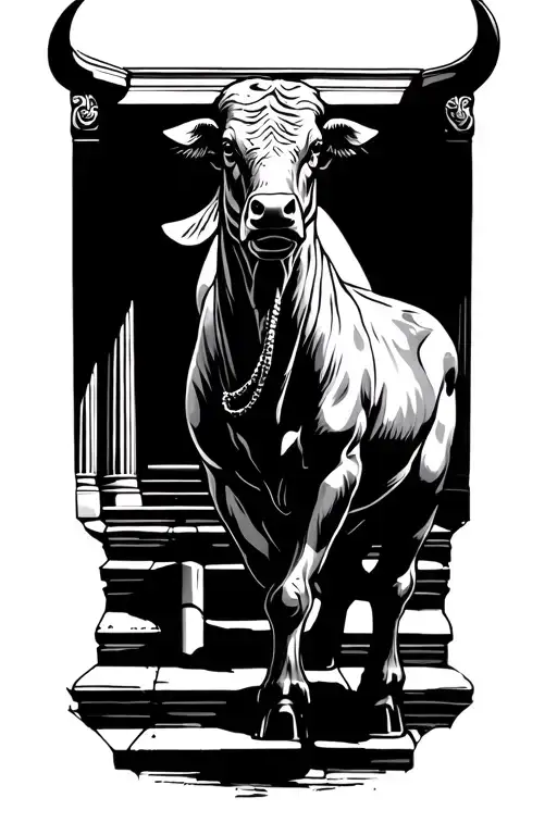Spanish fighting bull standing on steps leading up to Greek pillars facing sideways tattoo design idea