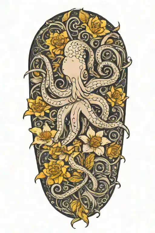 snowdrops, rose, marigold, daffodil, "octopus" tentacles tattoo design idea