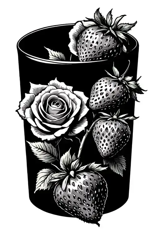 roses and strawberries inside a stamp tattoo design idea