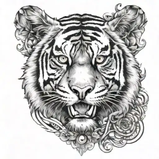 tiger with face in mouth with hour glasses surrounded tattoo design idea
