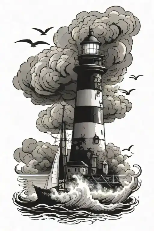 Lighthouse stormy condition and sailboat navigating tattoo design idea