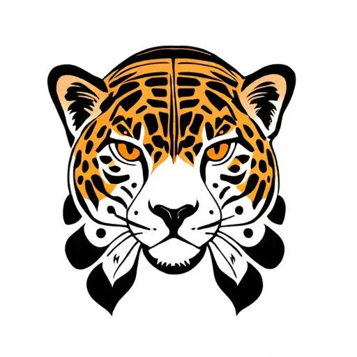 A stylized jaguar tattoo in the traditional indigenous art style of Costa Rica, inspired by pre-Columbian Mesoamerican d tattoo design idea