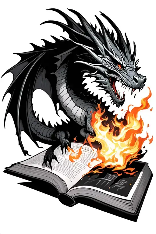 dragon flying out of a book breathing fire tattoo design idea