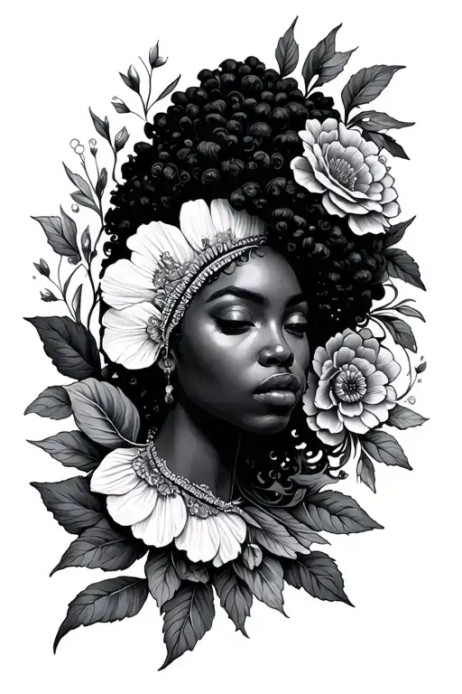 afrocentric persephone flower surrounded tattoo design idea
