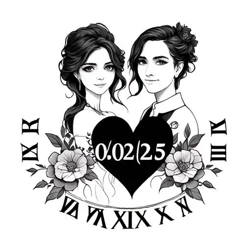 Can you create a tattoo for a married couple that has the roman numerals for 05/02/25 and incorporates a heart tattoo design idea