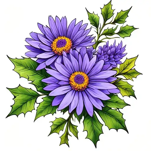 violet, aster, Holly flower intertwined tattoo design idea