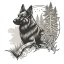 long haired german shepherd dog on a forest trail tattoo design idea