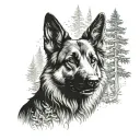 long haired german shepherd dog on a forest trail tattoo design idea