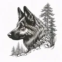 long haired german shepherd dog on a forest trail tattoo design idea