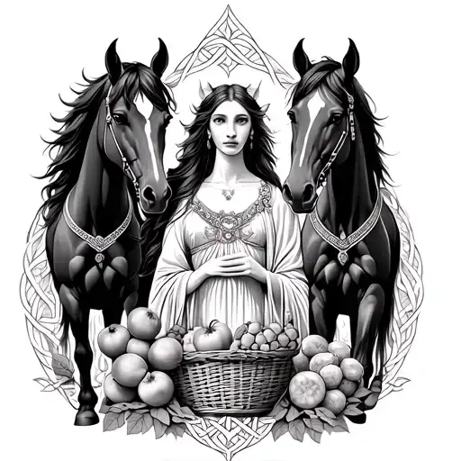 Celtic Goddess, Epona. surrounded by Horses and with a basket of fruit tattoo design idea