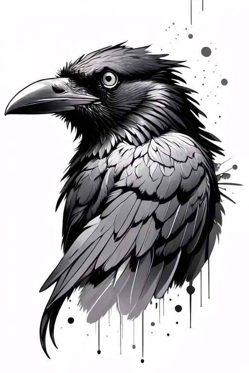 raven abstract and realism art tattoo with detailed face and feathers gradually becoming less detailed and more abstract tattoo design idea