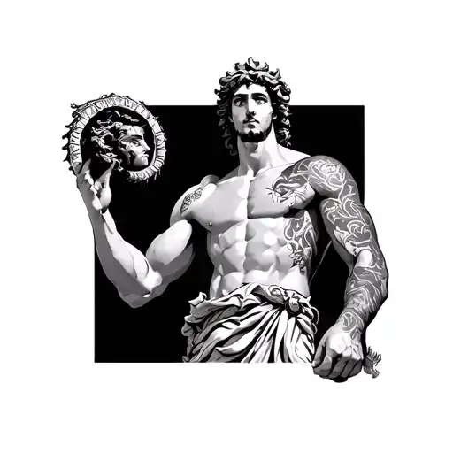 A heroic depiction of Perseus, son of Zeus, standing triumphantly after his victory over Medusa. He is holding Medusa's  tattoo design idea