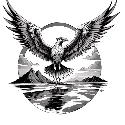 Fine line angry phoenix with line work sunset/mountain background  tattoo design idea