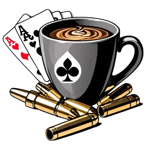 coffee cup with bullets and playing cards tattoo design idea