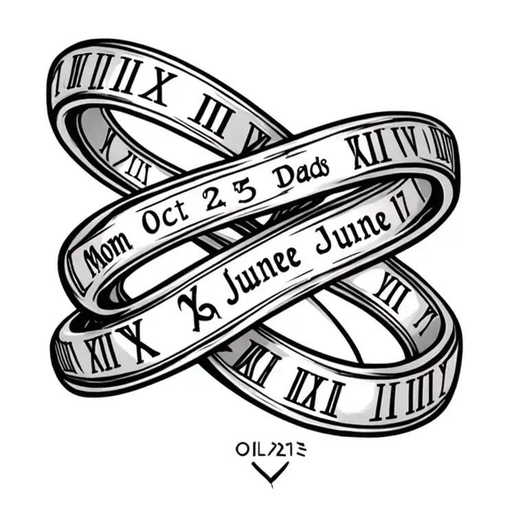 only line art in an infinity ring with mom and dads birthdays. Oct 25 and June 17 in Roman numerals tattoo design idea