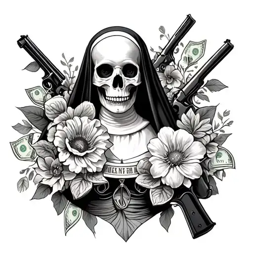 luis vuiton, clow ripping through skin, flowers blooming, skulls, money, guns, nuns  tattoo design idea