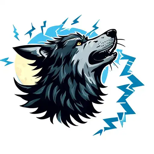 A new-school design of a wolf howling at the moon with lightning bolts in the sky tattoo design idea