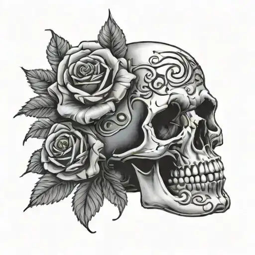 skull, black roses coming tattoo design idea
